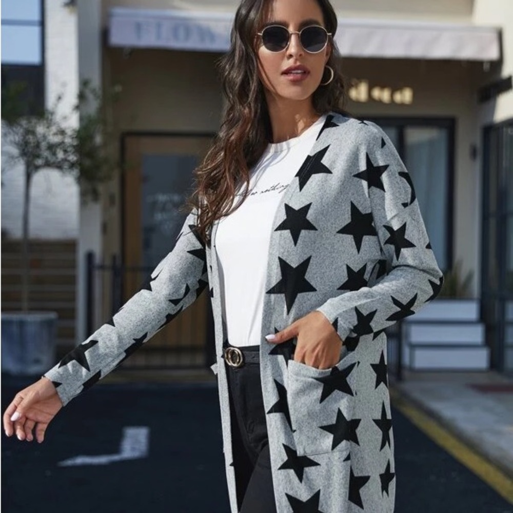 SHEIN Five-Pointed Star Pattern Pocket Front Cardigan